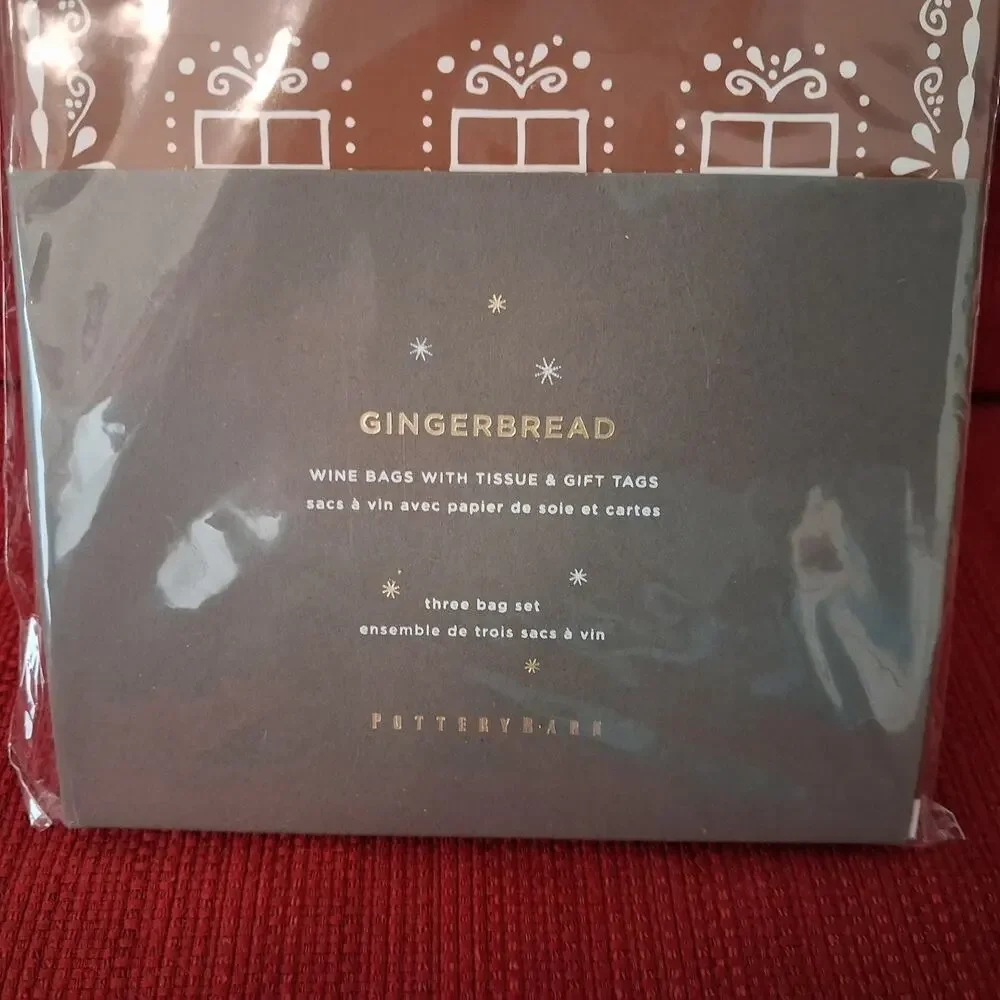 Pottery Barn 3 GINGERBREAD HOUSE WINE BAGS Tissue Paper Gift Tag CHRISTMAS Wrap